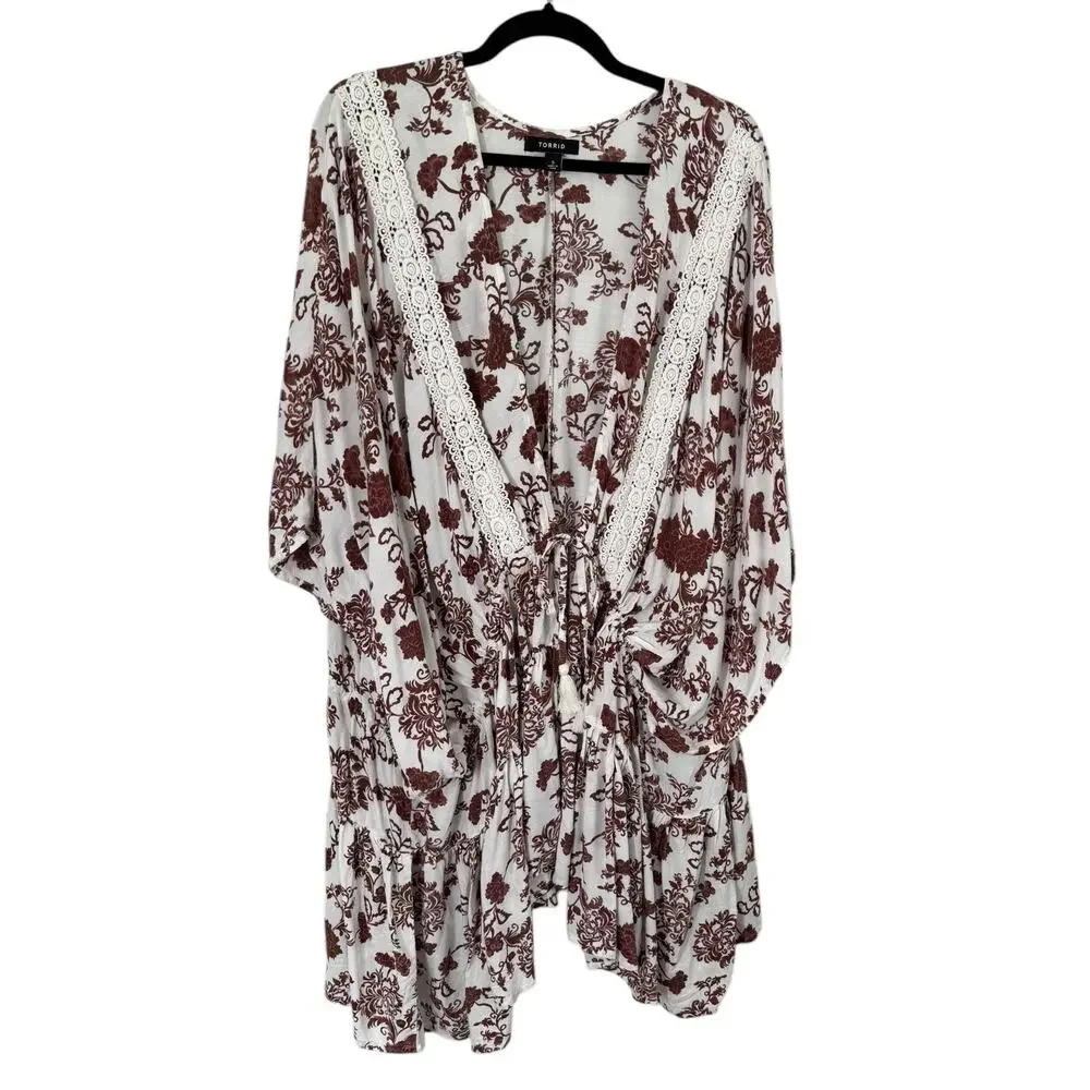 Torrid Lace Trim Tie Waist Kimono Brown White Floral 5X‎ Spring Summer Boho